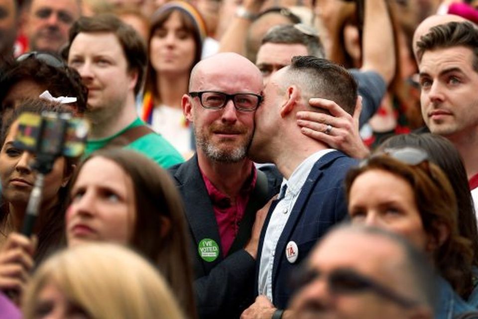 People gather at Dublin Castle to hear the result of the same-sex marriage referendum