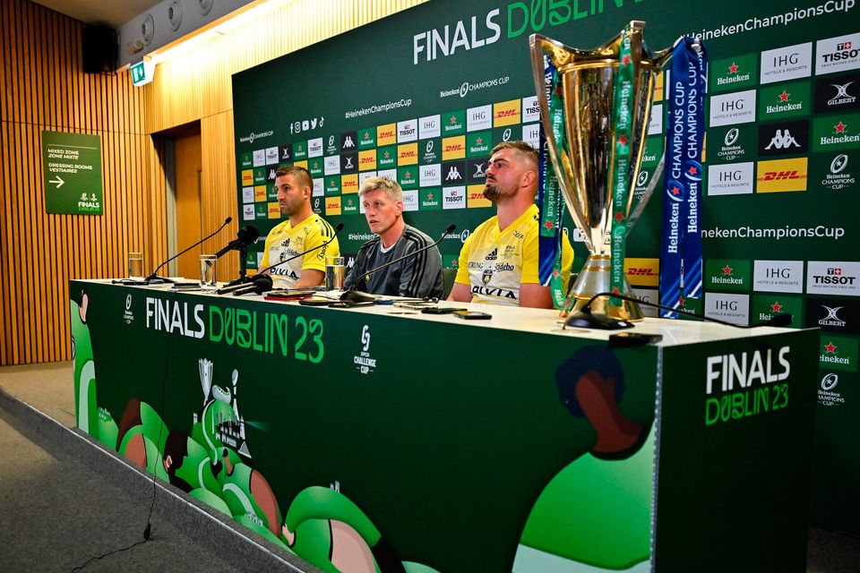 La Rochelle head coach Ronan O'Gara, centre, with Romain Sazy, left, and Grégory Alldritt during the post-match media conference after their Champions Cup final win over Leinster at Aviva Stadium in Dublin