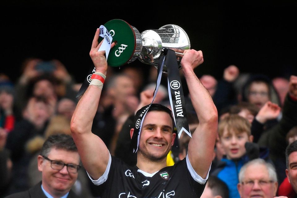 Sligo captain Niall Murphy lifts the cup after his side's victory over Wicklow in the Allianz FL Division 4 final at Croke Park. Photo: Tyler Miller/Sportsfile