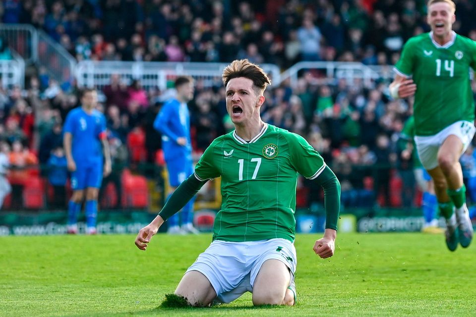 Johnny Kenny celebrates after scoring the winning goal for Ireland U-21s during last night's friendly with Iceland at Turner's Cross. Photo: Michael P Ryan/Sportsfile