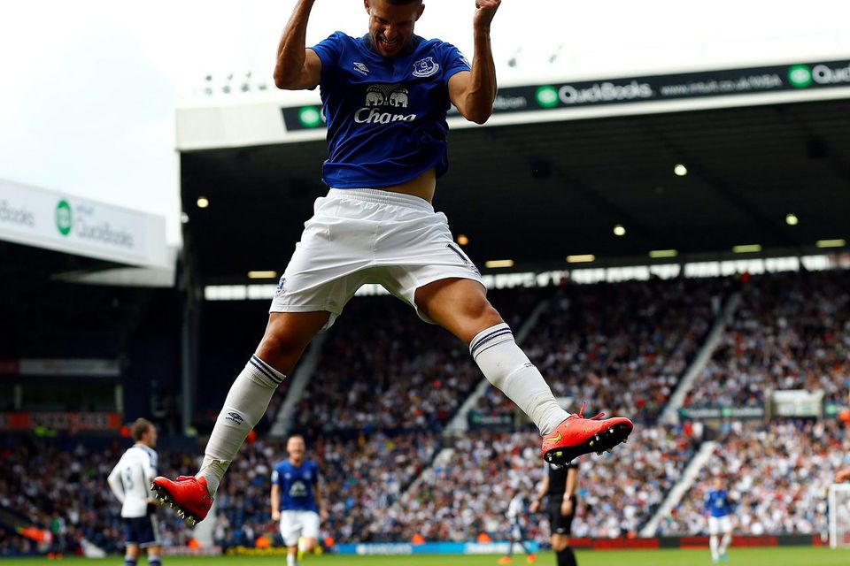 Everton's Kevin Mirallas celebrates his goal against West Brom