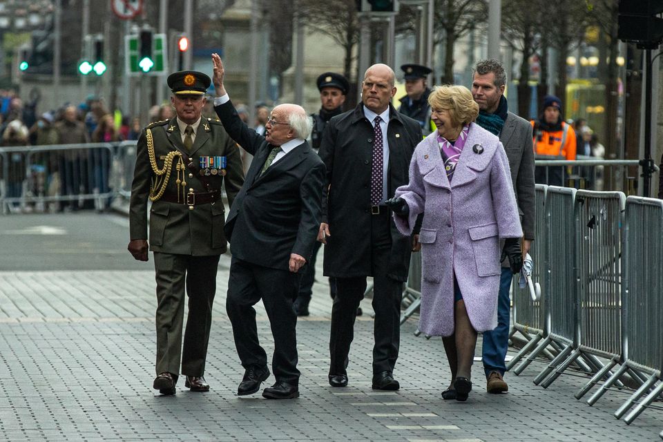President Michael D Higgins and his wife Sabina at the 1916 Easter Rising ceremony outside the GPO on Dublin’s O’Connell Street. Pic: Mark Condren