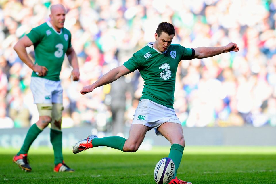 Ireland fly half Jonathan Sexton kicks a penalty watched by Paul O' Connell during the RBS Six Nations match between Scotland and Ireland at Murrayfield