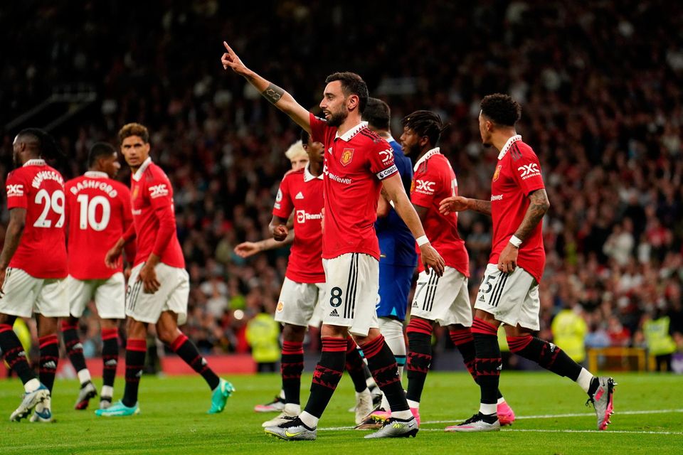 Manchester United's Bruno Fernandes celebrates scoring their side's third goal of the game from the penalty spot during the Premier League match at Old Trafford, Manchester