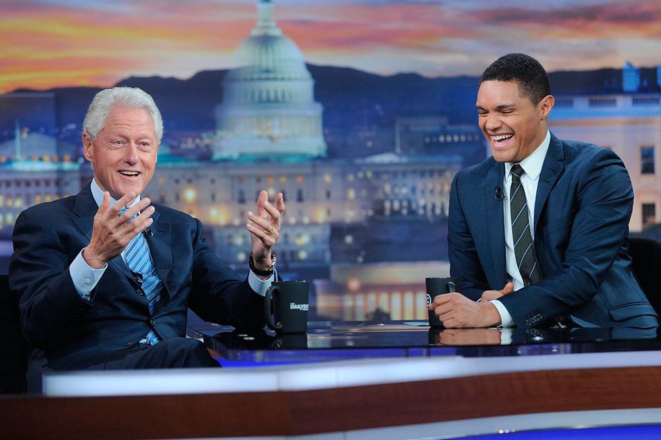Bill Clinton(L) and Trevor Noah on the set of The Daily Show in New York City. Photo by Brad Barket/Getty Images for Comedy Central.