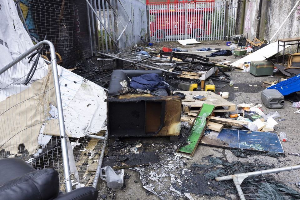 Aftermath of the fire on Dublin's Sandwith Street where a group of asylum seekers had been sleeping rough. Pic: Fergal Phillips