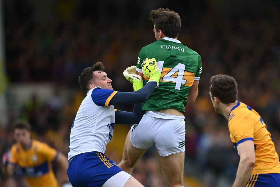 Clare goalkeeper Stephen Ryan contests with David Clifford in the build up to the third goal during the 2023 Munster SFC Final at the Gaelic Grounds in Limerick. Photo by Sportsfile