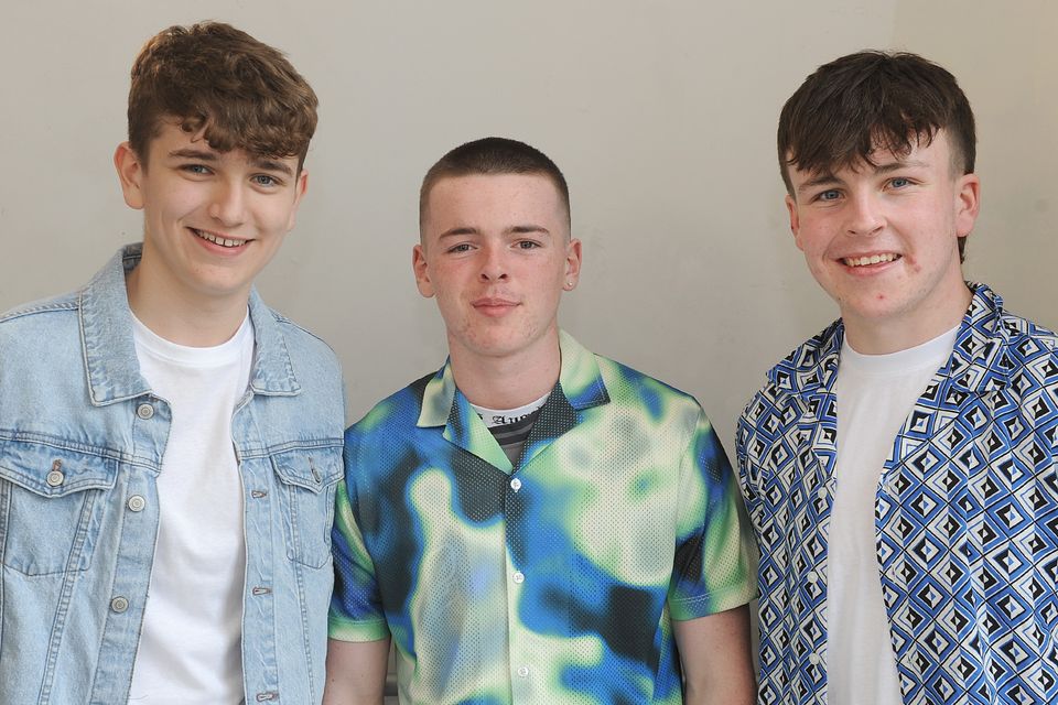 Odhrán Woods, Jack King and Paddy O'Connell taking part in the Coláiste Rís TY 2023 'Back to the 80's' Musical in An Táin Arts Centre. Photo: Aidan Dullaghan/Newspics