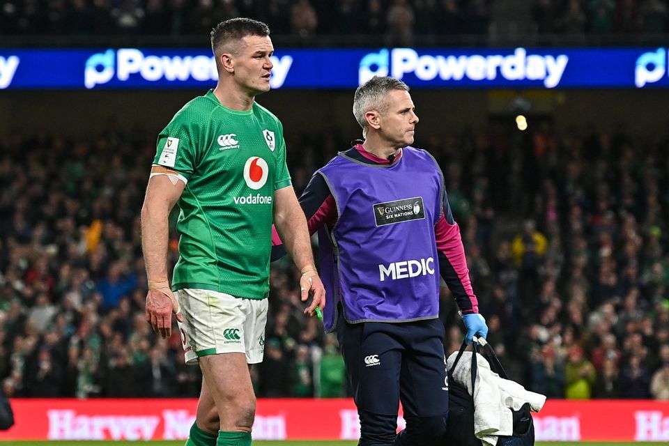 Johnny Sexton leaves the pitch with an injury against England