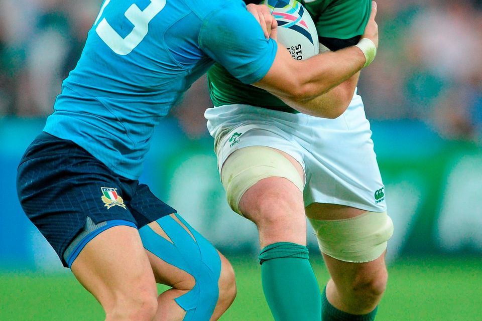 4 October 2015; Peter O'Mahony, Ireland, is tackled by Michele Campagnaro, Italy. 2015 Rugby World Cup, Pool D, Ireland v Italy. Olympic Stadium, Stratford, London, England. Picture credit: Brendan Moran / SPORTSFILE