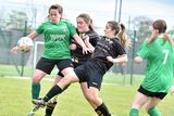 thumbnail: Carnew FC's Caitlin Hughes and Sophie Doran try to put a stop to Edwina Sayer of Wicklow Rovers during the Divisional Shield final at Gorey Rangers grounds on Sunday. 