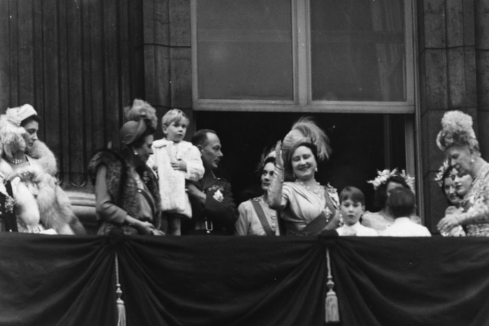 Members of the Royal Family on the balcony following the wedding of Princess Elizabeth and Philip Mountbatten; (L-R) Duke of Kent, Duchess of Kent, Princess Andrew of Greece, Duke of Gloucester holding Prince Richard, Duchess of Gloucester, Queen Elizabeth, Prince William of Gloucester, Prince Michael of Kent, Princess Elizabeth and Queen Mary, at Buckingham Palace, London, November 20th 1947. (Photo by Hulton Archive/Getty Images)