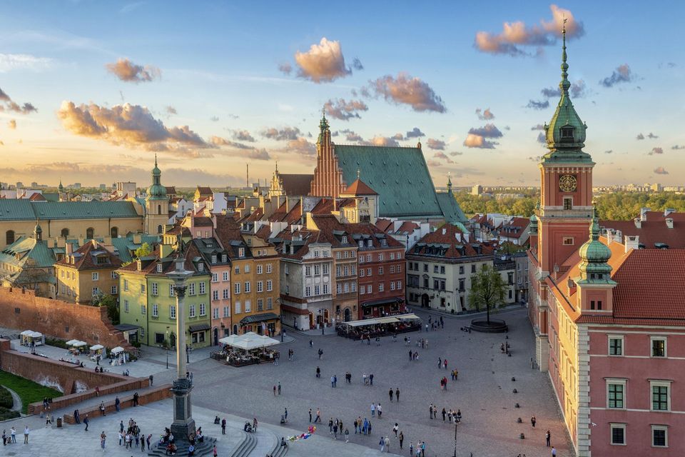 The royal castle and old town at sunset in Warsaw. Photo: Mike Mareen