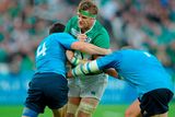 thumbnail: 4 October 2015; Jamie Heaslip, Ireland, is tackled by Leonardo Sarto, left, and Mat?as Ag?ero, Italy. 2015 Rugby World Cup, Pool D, Ireland v Italy. Olympic Stadium, Stratford, London, England. Picture credit: Brendan Moran / SPORTSFILE