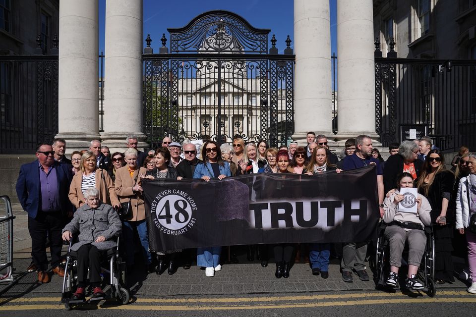 Families of the survivors and victims of the Stardust gather outside Government Buildings in Dublin prior to a meeting with Taoiseach Simon Harris Photo: Brian Lawless/PA