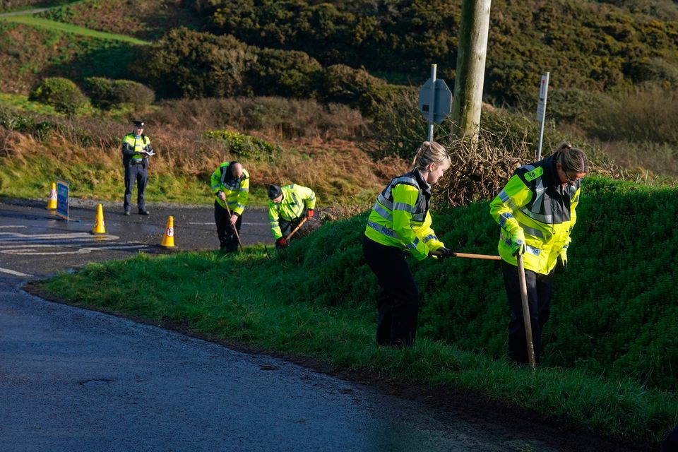 Gardaí investigating the death of six-year-old Matthew Purcell-Healy search undergrowth in the Rathmoylan area of Dunmore East, Co Waterford. Photo: PA