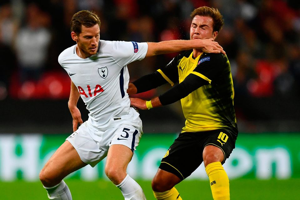 Jan Vertonghen of Tottenham Hotspur and Mario Gotze of Borussia Dortmund battle for possession during the UEFA Champions League group H match between Tottenham Hotspur and Borussia Dortmund at Wembley Stadium. (Photo by Dan Mullan/Getty Images)