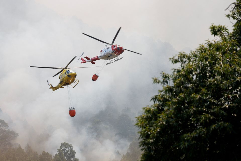 Firefighting helicopters fly over Aguamansa, Tenerife after wildfires hit the region. Photo: Reuters