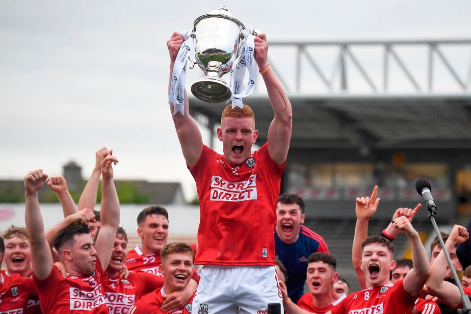 Conor O'Callaghan of Cork lifts the cup following the 2020 Bord Gáis Energy GAA Hurling All-Ireland U20 Championship Final match between Dublin and Cork at UPMC Nowlan Park in Kilkenny. Photo by David Fitzgerald/Sportsfile