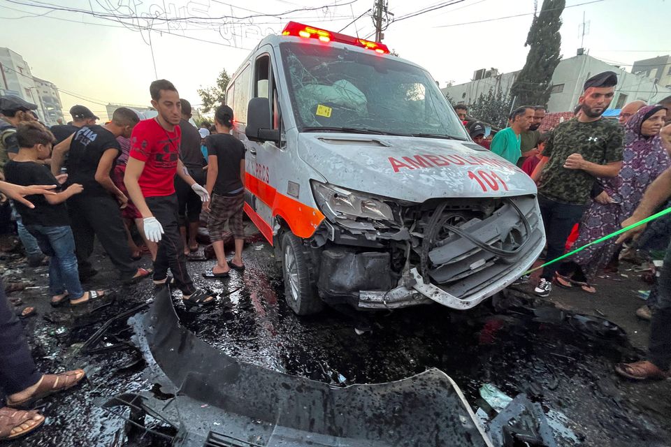 An ambulance in the convoy that was hit, at the entrance of Shifa hospital in Gaza City. Photo: Reuters