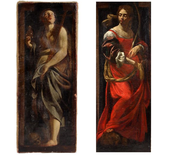 A pair of portraits depicting female saints, sold at Fonsie Mealy