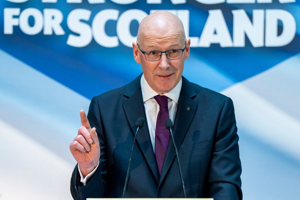 Newly elected leader of the Scottish National Party John Swinney delivers his acceptance speech at Advanced Research Centre, Glasgow University, after he was confirmed as the SNP's new leader. Photo: Jane Barlow/PA Wire