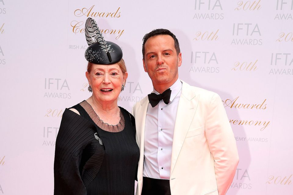 Joan Bergin and Andrew Scott on the red carpet ahead of the 20th Irish Film and Television Academy (IFTA) Awards ceremony at the Dublin Royal Convention Centre. Photo: Damien Eagers/PA Wire