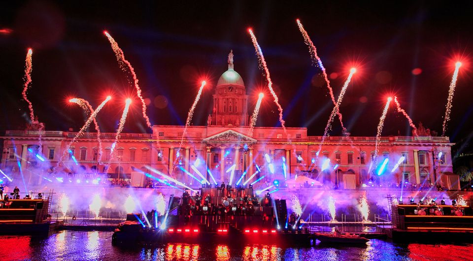 Lights and lasers during the Liffey Lights Midnight Moment Matinee at the Custom House.