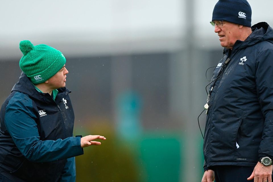 Backs coach Niamh Briggs, left, and Senior Coach John McKee during Ireland women's squad training at the IRFU High Performance Centre in Dublin. Photo by Ramsey Cardy/Sportsfile