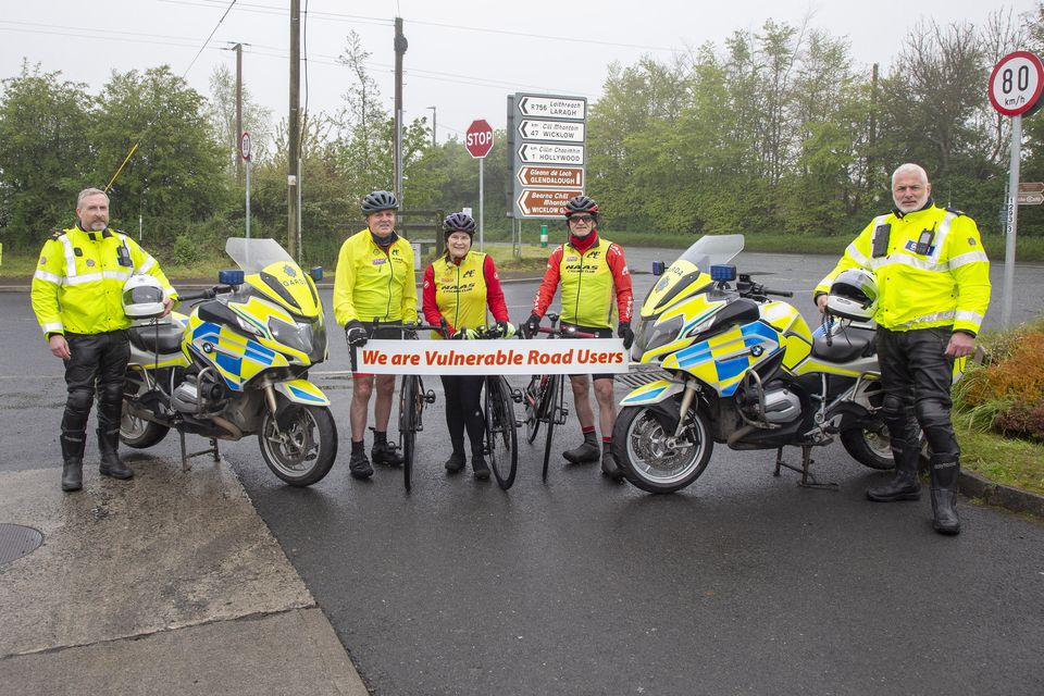 Garda Adrian Nevin and Garda Dave faraaher with Cyclists Tom O'Keeffe, Movanna Sweeney and Michael Kelly at the Wicklow/Kildare County Council Road Safety Campaign for vulnerable road users.