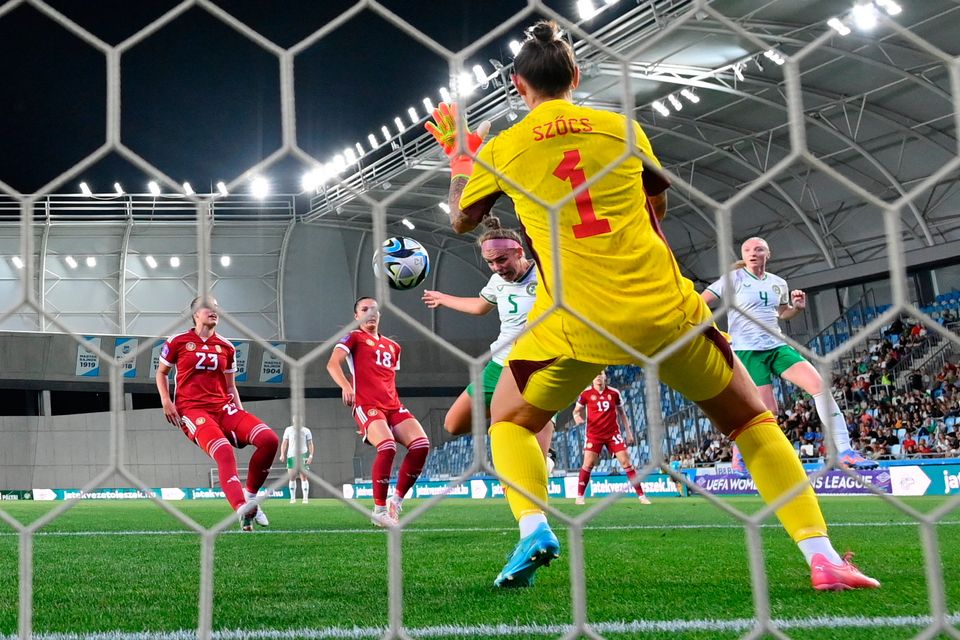  Caitlin Hayes of Republic of Ireland heads to score her side's first goal during the UEFA Women's Nations League B1 match between Hungary and Republic of Ireland at Hidegkuti Nándor Stadium in Budapest, Hungary.  Photo by Stephen McCarthy/Sportsfile