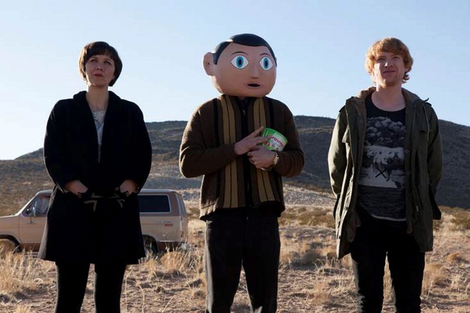 Maggie Gyllenhaal, Michael Fassbender (centre) and Domhnall Gleeson on the set of 'Frank'.