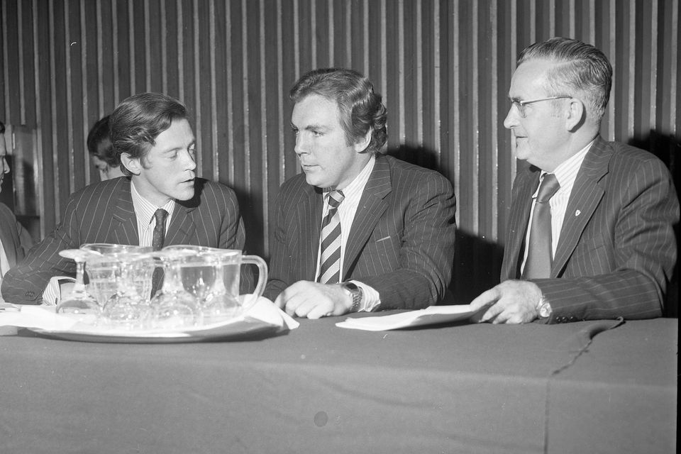 From left: Rodney Murphy, Tony O'Reilly, and Bartle Pitcher at the extraordinary general meeting of Independent Newspapers in the Shelbourne hotel, Dublin, in 1973