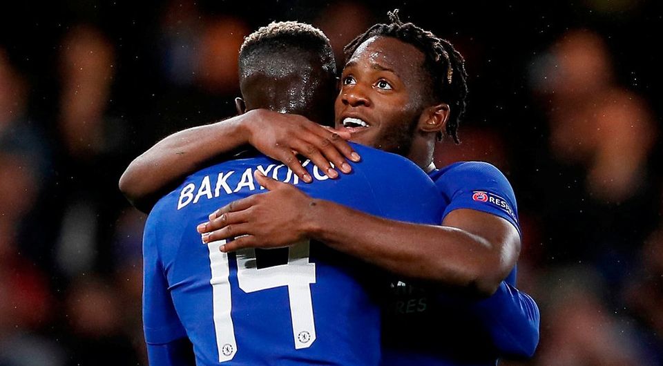 Chelsea's Michy Batshuayi, right, celebrates with his teammate Tiemoue Bakayoko. Photo: Kirsty Wigglesworth/AP Photo