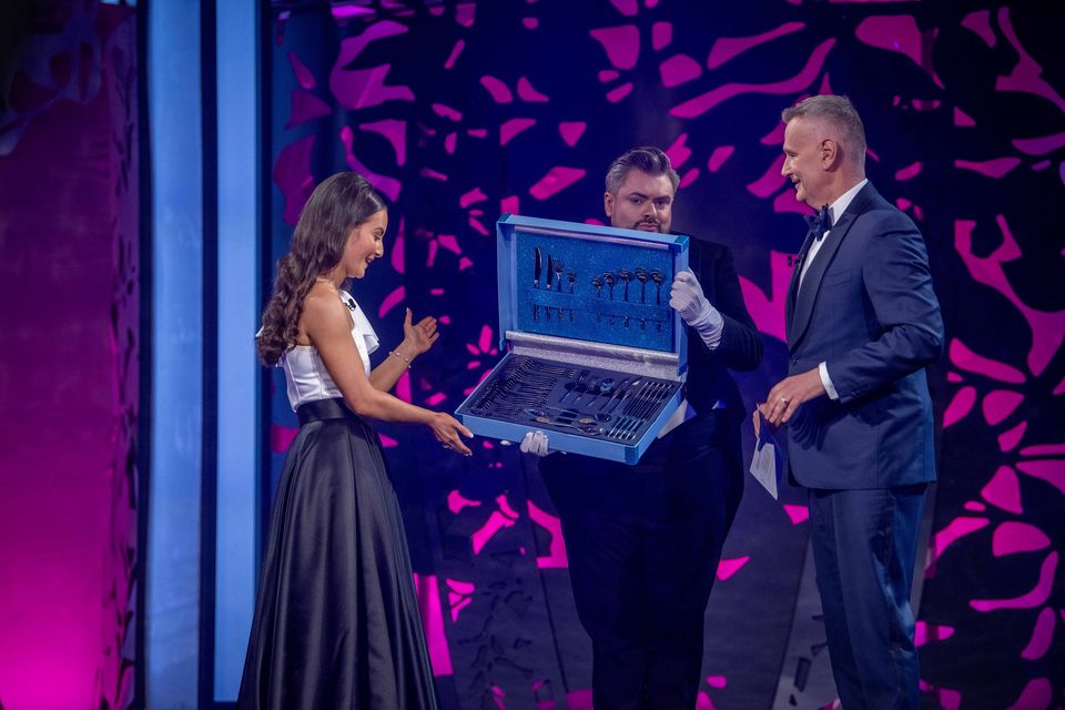 Tipperary Rose Tara Brady pictured on stage at the Kerry Sports Academy, MTU with Dáithí Ó’Sé and James Patrice during the Rose of Tralee International Festival TV Rose Selection night on Tuesday 20th of August.

Photo By : Domnick Walsh