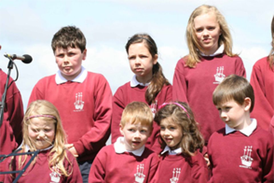 Pupils from St Augustine National School sing at yesterday's National Famine Memorial Day ceremony in Murrisk, Co Mayo