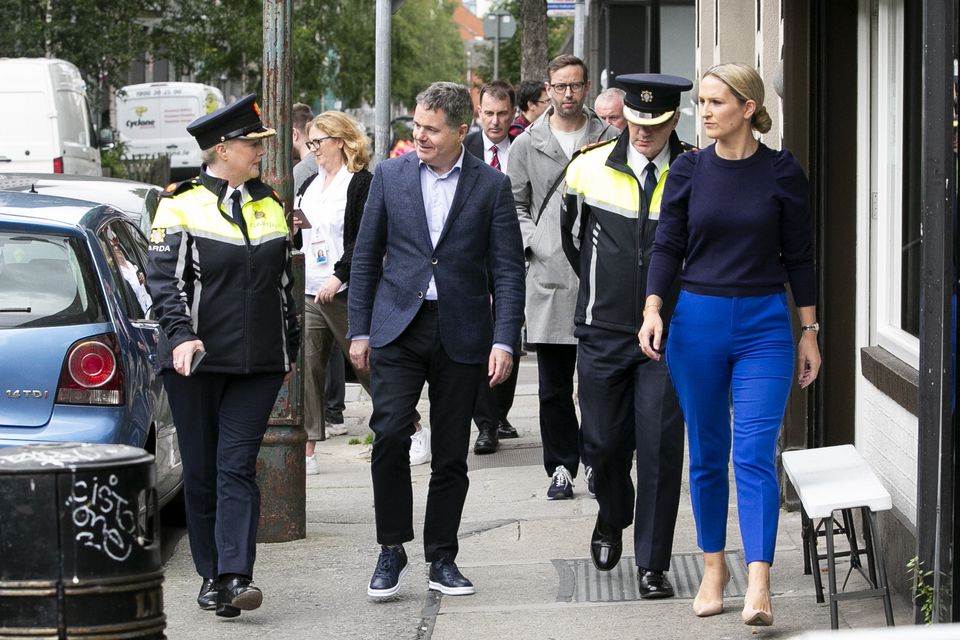 Garda Assistant Commissioner Angie Willis, Public Expenditure Minister Paschal Donohoe, Chief Supt Pat McMenamin, and Justice Minister Helen McEntee go walkabout. Photo: Collins 