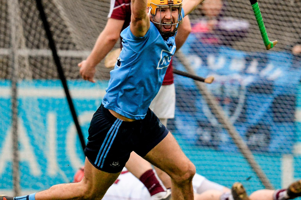 Dublin’s Eamon Dillon celebrates after scoring his team’s first goal against Galway in the Walsh Cup semi-final at Parnell Park Photo: Sportsfile