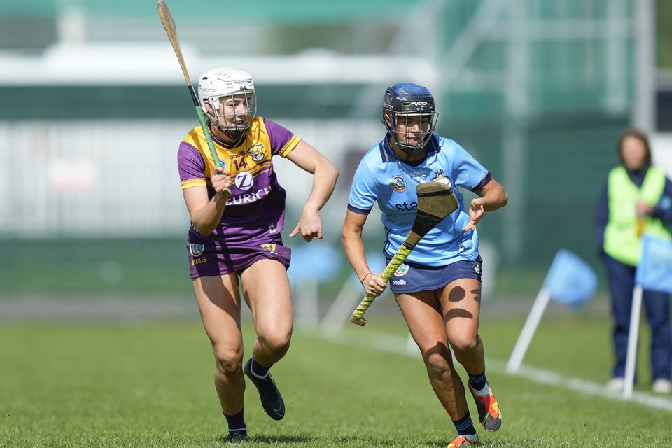REPRO FREE ***PRESS RELEASE NO REPRODUCTION FEE*** EDITORIAL USE ONLY
Very Camogie League Division 1B Final, SETU Carlow, Carlow 13/4/2024
Wexford vs Dublin
Ciara O`Connor of Wexford challenges Emma O`Byrne of Dublin
Mandatory Credit ©INPHO/James Lawlor