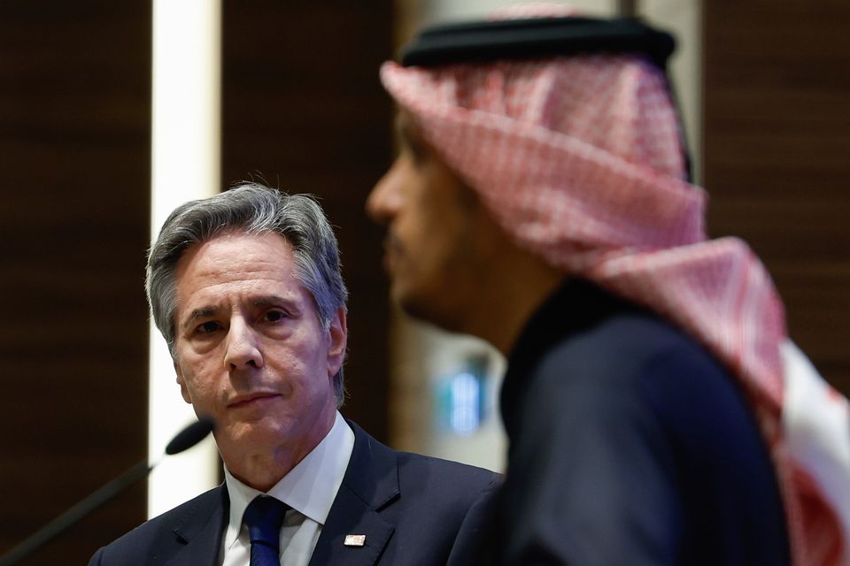 US secretary of state Antony Blinken, left, with Qatar's prime Minister Sheikh Mohammed bin Abdulrahman Al Thani, during Blinken's week-long trip to the Middle East. Photo: AP