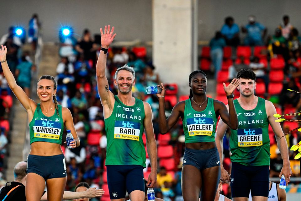 The Ireland mixed 4x400m relay team, from left, Sharlene Mawdsley, Thomas Barr, Rhasidat Adeleke and Cillin Greene