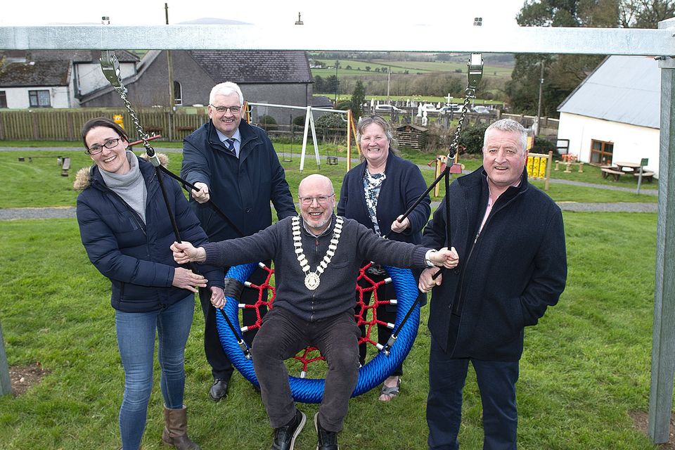 Linda Kearney (Chairperson Askamore Community Council), Cllr Joe Sullivan, Cllr Fionntán Ó  Suilleabháin (leas-Cathaoirleach, Gorey Kilmuckridge Municipal District), Mary Doran (Local resident) and Cllr Donal Breen pictured with the new swing, one of the new additions to the children's playground at Le Chéile Park, Askamore on Tuesday. Pic: Jim Campbell