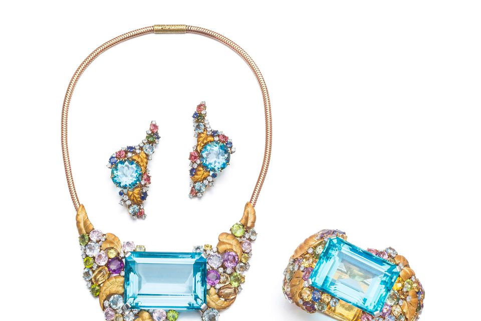 Shirley Bassey's aquamarine, sapphire, diamond and gemset set, which is estimated to sell for between €60,000 and €70,000 at Sotheby's, Paris, on October 10. Photo: PA