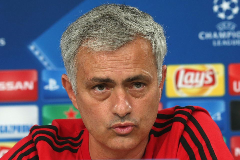 LISBON, PORTUGAL - OCTOBER 17:  Manager Jose Mourinho of Manchester United speaks during a press conference ahead of their UEFA Champions League match against Benfica on October 17, 2017 in Lisbon, Portugal.  (Photo by John Peters/Man Utd via Getty Images)