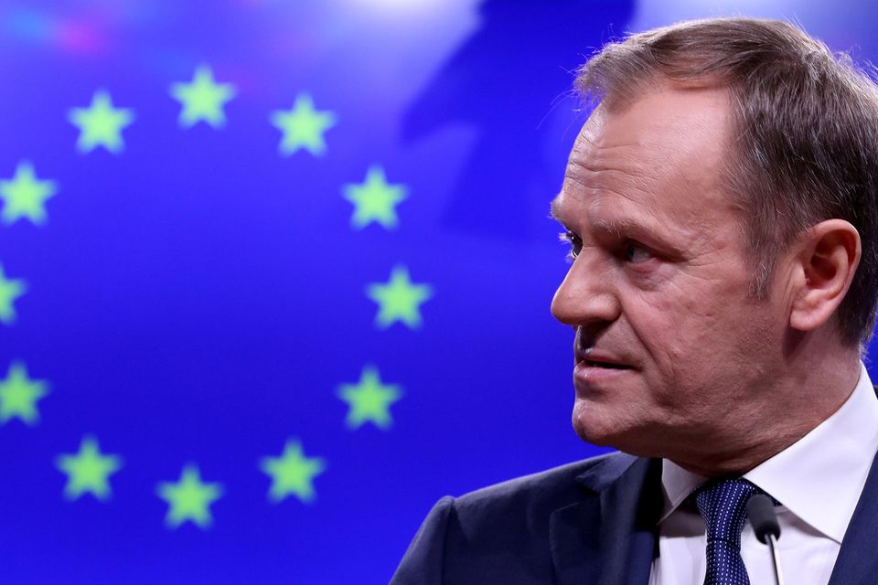 EU Council President Donald Tusk gives a statement after a meeting with Taoiseach Leo Varadkar at the European Council headquarters in Brussels, Belgium. Photo: REUTERS/Yves Herman