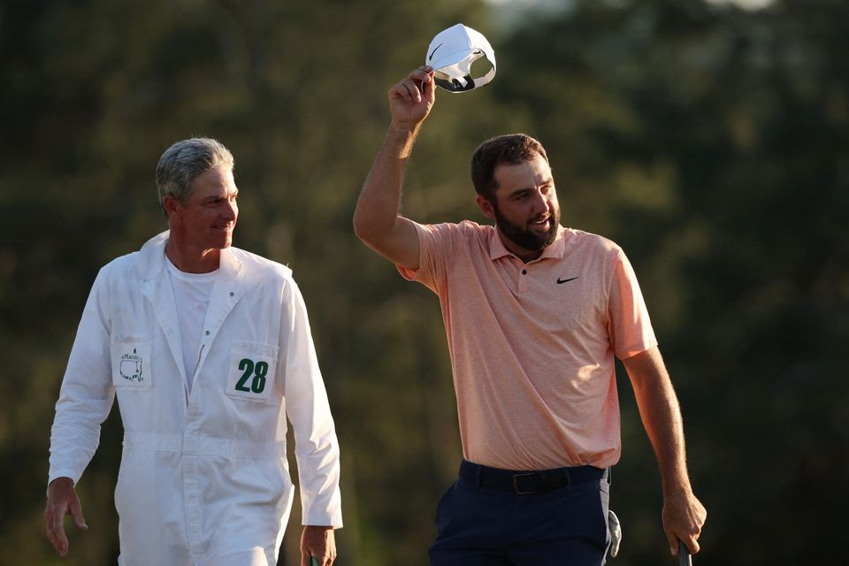 Scottie Scheffler celebrates after winning The Masters. REUTERS/Eloisa Lopez