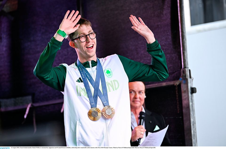 Team Ireland member Daniel Wiffen is welcomed by supporters on O'Connell Street in Dublin, celebrating their remarkable achievements at the Paris 2024 Olympic Games. Photo by Piaras O Midheach/Sportsfile Photo by Piaras Ó Mídheach/Sportsfile