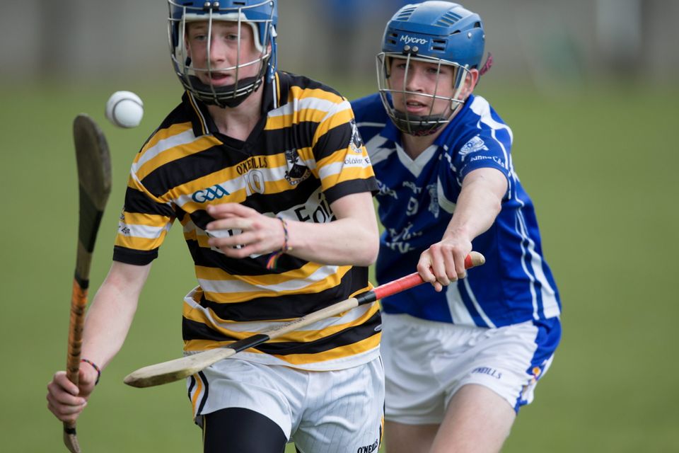 Dylan de Buitleir of Colaiste Eoin & Enda Cashman of Colaiste Eanna in the Dublin Juvenile A Hurling Final: Colaiste Eoin v Colaiste Eanna at O'Toole Park. 29/4/2015 
Picture by Fergal Phillips.