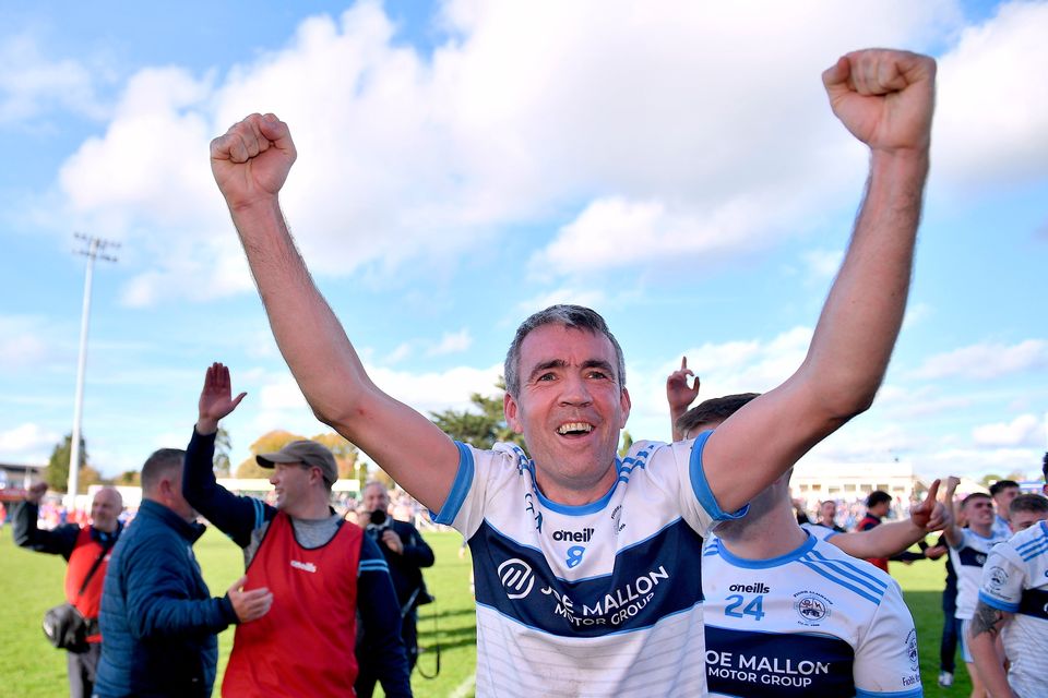 Johnny Doyle celebrates Allenwood's victory in last year's Kildare IFC final. Photo: Sportsfile