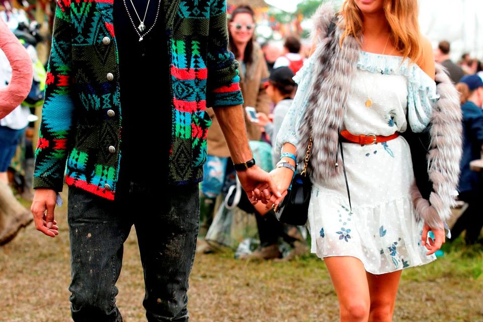 Hugo Taylor and Millie Mackintosh backstage at the Glastonbury Festival at Worthy Farm in Somerset. Picture: Yui Mok/PA Wire